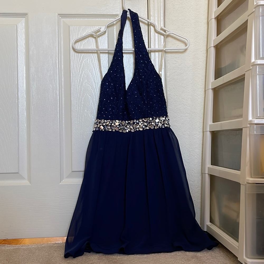 Macy’s Navy Blue Sparkly Jeweled Halter Neck Dress Homecoming